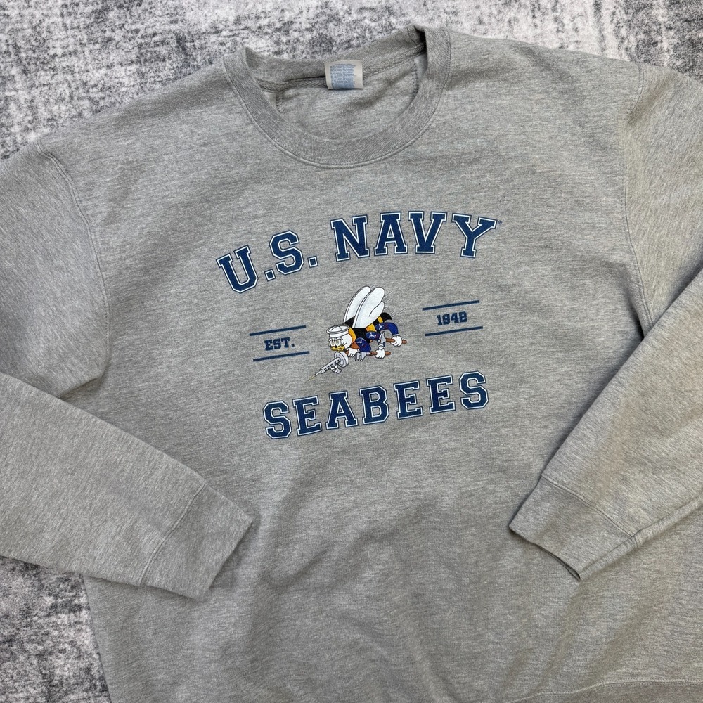 US‎ Navy Seabees Sweatshirt Mens XL Gray Fleece Crewneck Military WWII Inspired